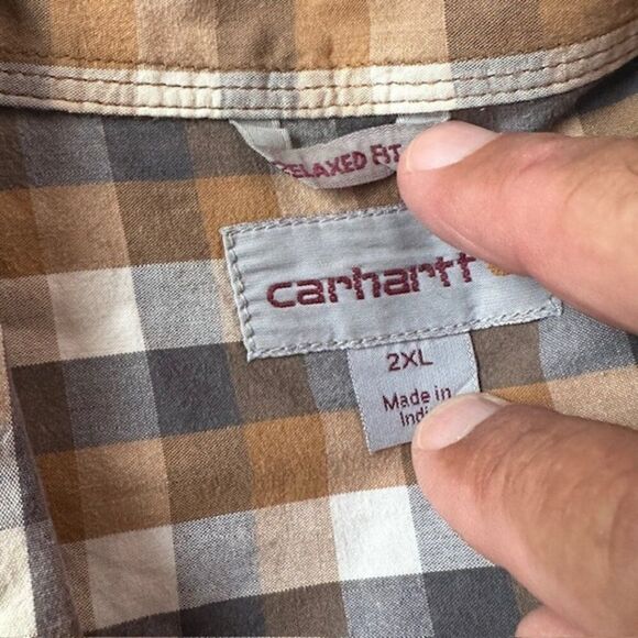 Carhartt Golden Brown / Gray / White 2XL Plaid SS Button Down Shirt - Picture 3 of 5